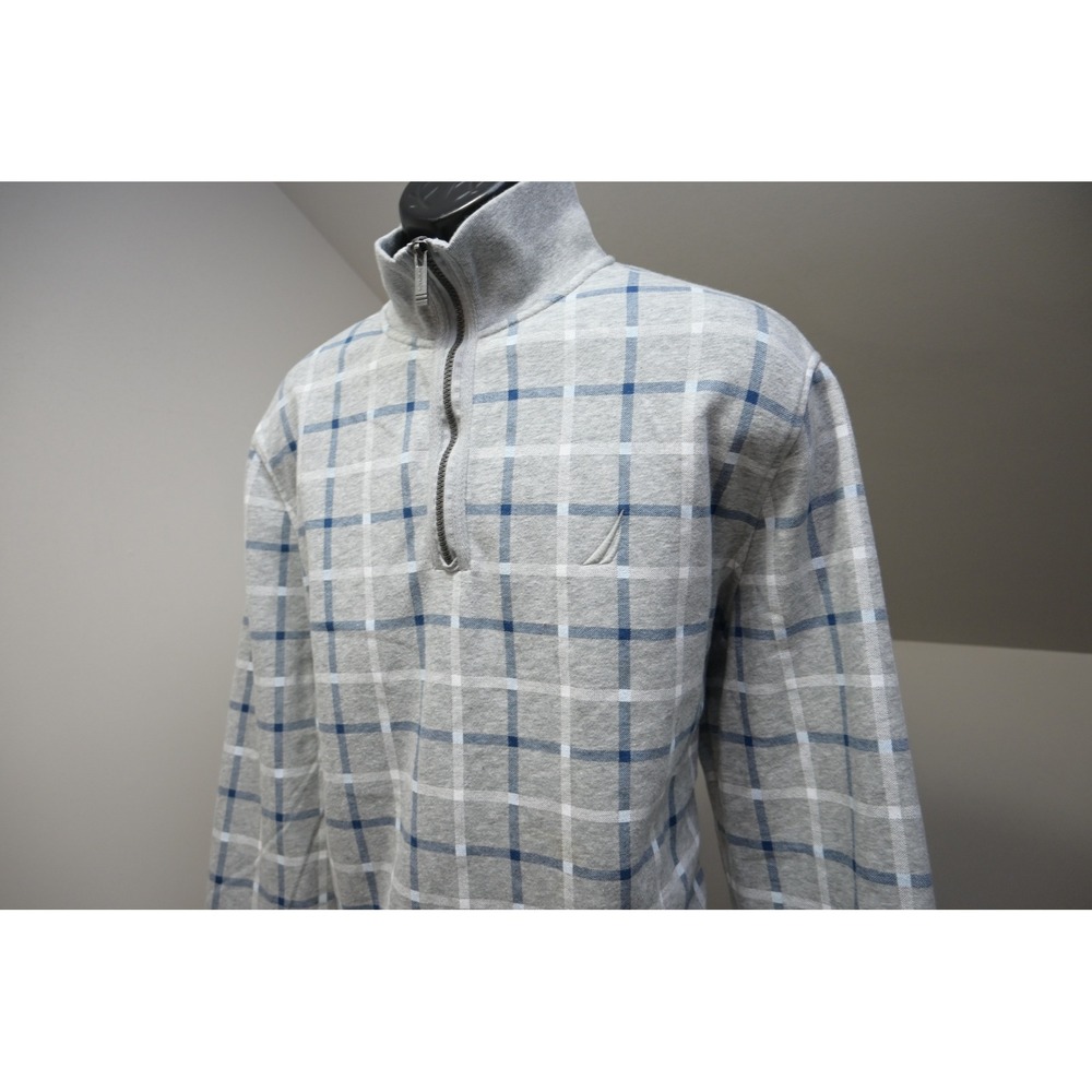 Nautica 1/4 Zip Pullover Mens XL Grey Blue Plaid Fleece Sweatshirt Excellent